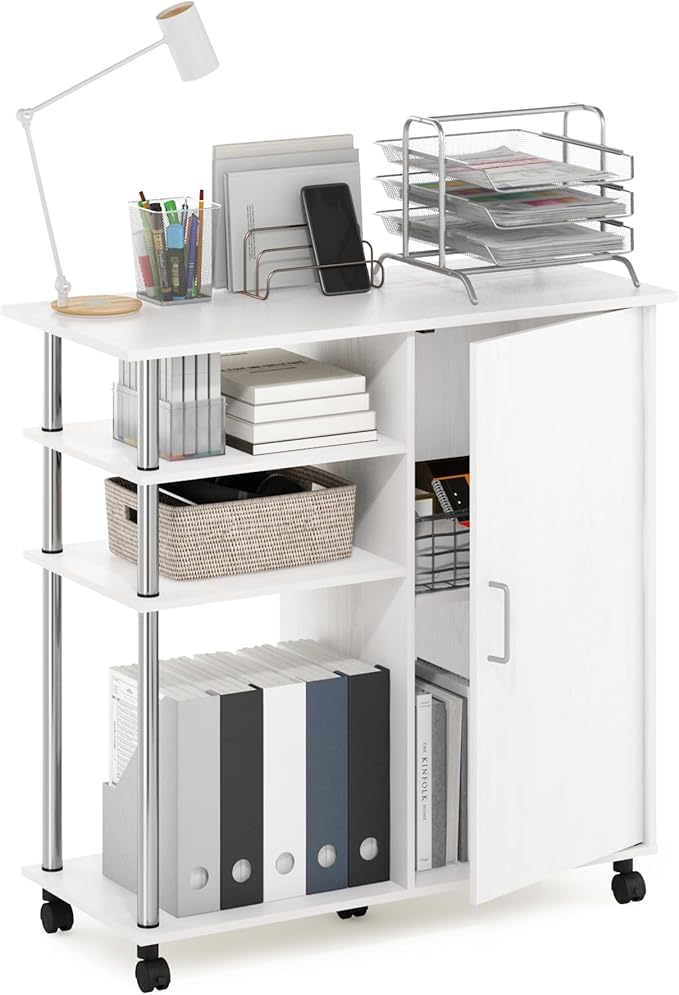 Furinno Helena Multipurpose Storage Cabinet/Shelves,Printer Stand with Lockable Wheels, Stainless Steel Tubes, White Oak/Chro