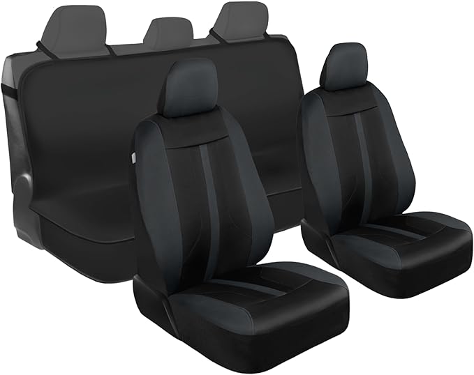 Motor Trend Front & Rear Car Seat Covers Full Set - Charcoal Cloth Bucket Seat Covers for Front Seats + Waterproof Rear Split