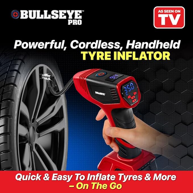 BULLSEYE PRO Tire Inflator with Pressure Gauge, Compact and Portable, Automatic Shut Off, 150 PSI Max, USB Home Rechargeable and Cord for Vehicular Use As Seen On TV (9475)