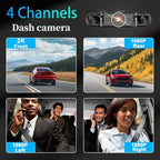 4 Channel Dash Cam Front and Rear Inside Back 360° FHD 2K Dash Camera for Cars, WiFi, GPS, G-Sensor, WDR 24/7 Parking Mode, 1