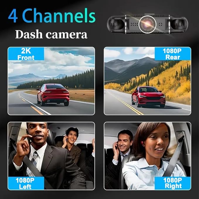 4 Channel Dash Cam Front and Rear Inside Back 360° FHD 2K Dash Camera for Cars, WiFi, GPS, G-Sensor, WDR 24/7 Parking Mode, 1