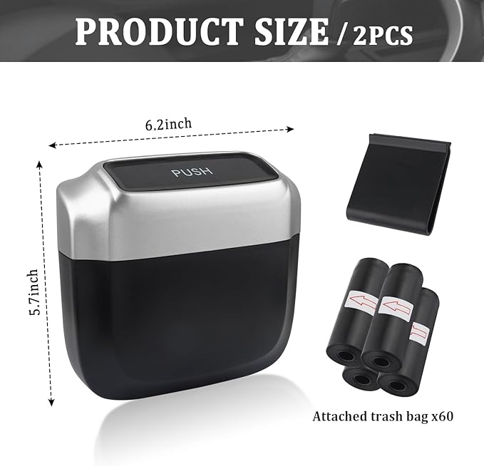 2PCS Car Trash Can with Lid + 60PCS Garbage Bag,Mini Trash Can Car Interior Accessories with Capacity 700ml,Multifunctional CCar Organizers and Storage(Silver)