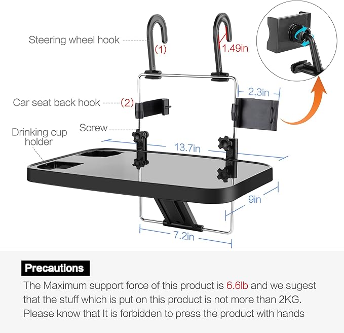 AutoChoice Foldable Car Seat Back Portable Tray with Phone Mount for Food Dining Drink and Laptop, Hanging Car Steering Wheel Tray(Upgrade)