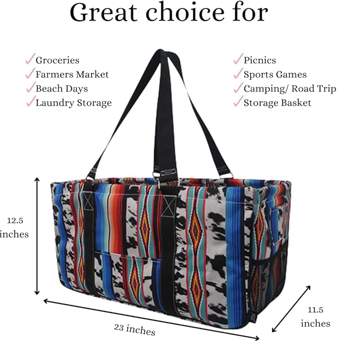 NGIL Extra Large Utility Tote Reusable Grocery Bag Oversized Collapsible for Groceries, Storage, Picnic, Beach (Cow Serape-Black)