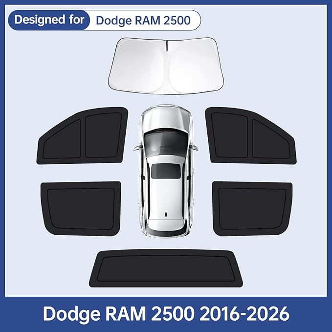 Car Window Shades for Dodge RAM 2500 2016-2026, Full Car Window Covers for Privacy, Sunshades for RAM 2500 Front Rear Windshield Side Windows to Block UV and Protect Privacy(6pcs)