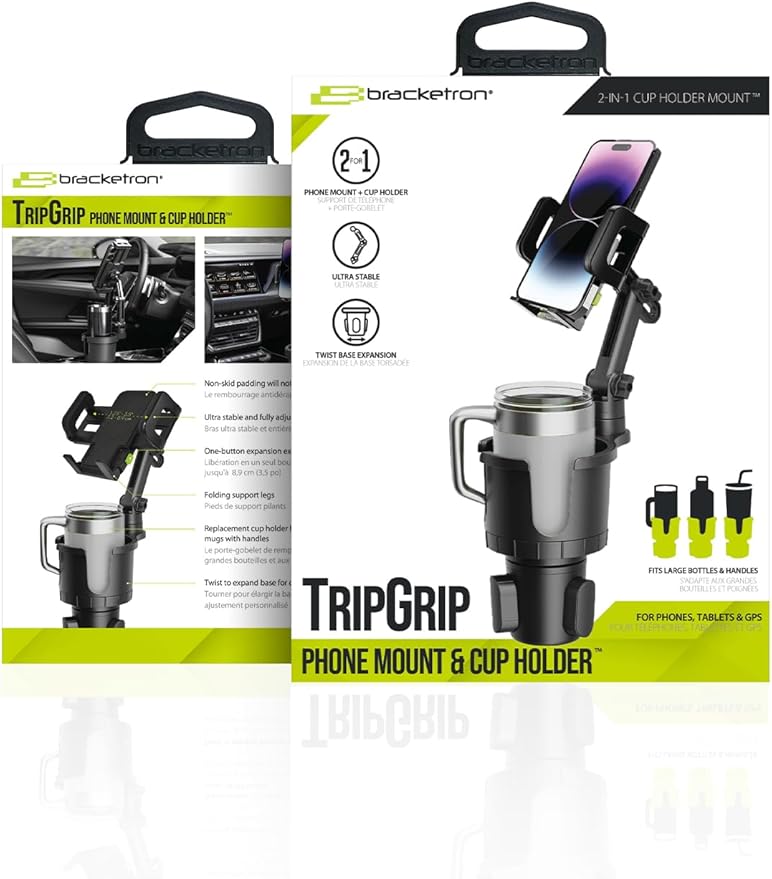 Bracketron Cup Holder Phone Mount for Car - TripGrip 2-in-1 Expandable Phone Holder with 360° Rotation & Ultra Stable Folding Support Legs, Fits Devices up to 3.5"