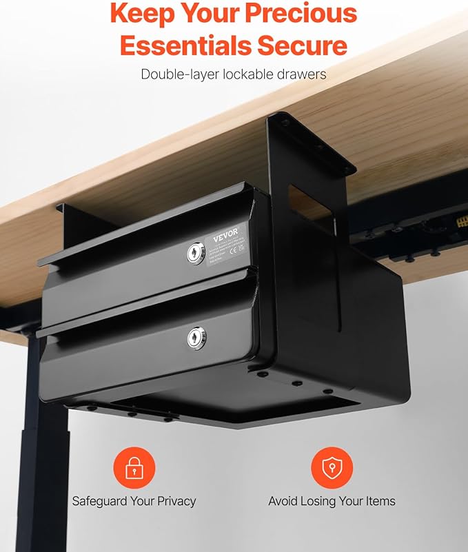 VEVOR Under Desk Double Stacked Lockable Slide Out Drawer, 13 inch Lockable Under Table Pull-out Drawer Attachment for Sit St
