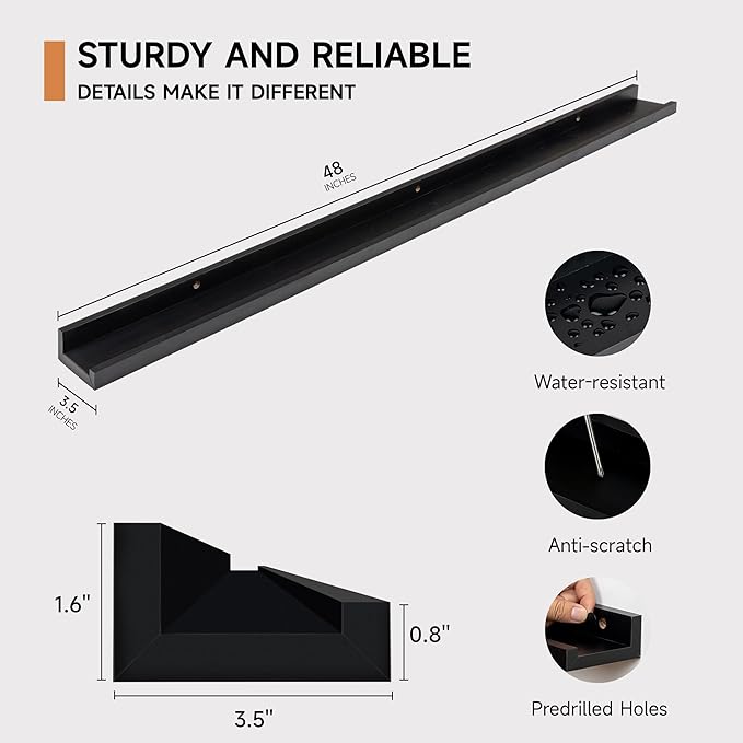 Fun Memories Picture Ledge Shelf for Wall, Floating Shelves Set of 4, 48 Inch Long Nursery Book Shelves for Toys Storage, Kid