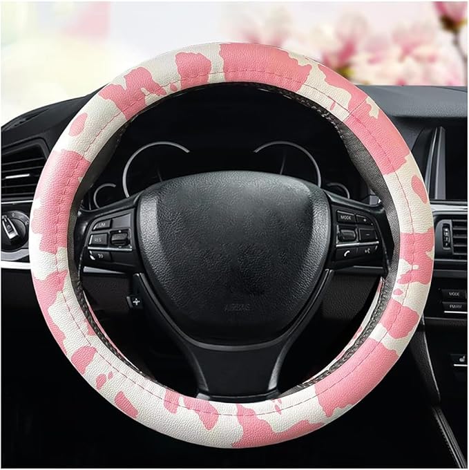 Dotesy Leather Cow Pattern Steering Wheel Cover Protector Cow Print Car Accessories Anti Slip Universal for 36.5-38cm (Pink W