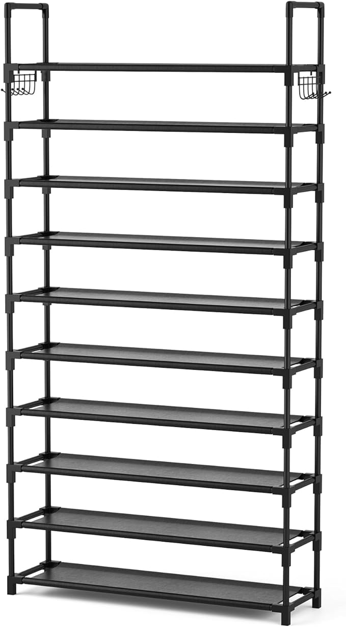 VTRIN 10 Tier Shoe Rack Tall Large Capacity Wide Shoe Organizer with Two Hooks Sturdy Metal Shoe Shelf for Entryway, Closet, 