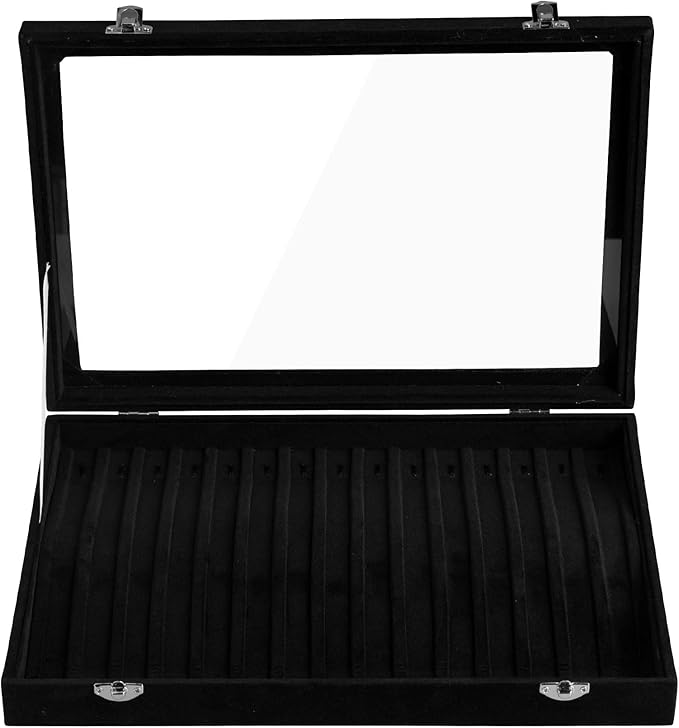 Frebeauty 15 Hooks Necklace Tray Velvet Neckalce Organizer with Clear Lid Lockable Necklace Holder Box Jewelry Organizer for 