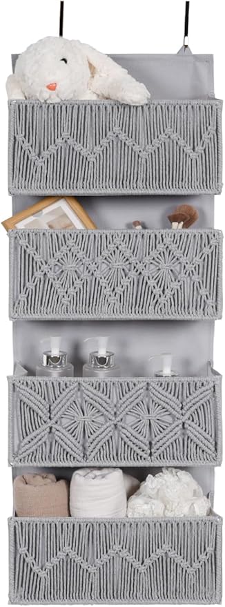 Macrame Over the Door Organizer Boho Decor Nursery Storage, Leaf Weaving Closet Storage, 4 Hanging Pockets, Behind Door for B