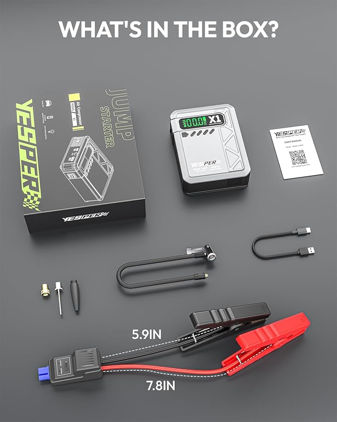 YESPER Jump Starter with Air Compressor 2000A 150PSI Battery Jumper Starter Portable(8L Gas/6L Diesel) 12V Car Jump Pack