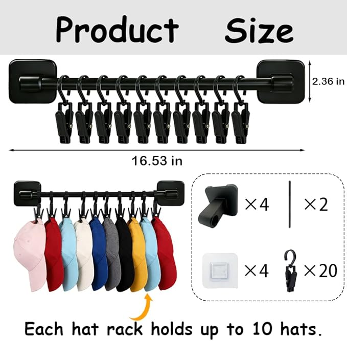 2 Pack Hat Hanger for Door, Wall Hat Storage Organizer Rack with 20 Clips for Baseball Cap, Black Hat Holder Wall-Mounted Cap