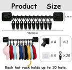 2 Pack Hat Hanger for Door, Wall Hat Storage Organizer Rack with 20 Clips for Baseball Cap, Black Hat Holder Wall-Mounted Cap