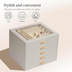 Jewelry Box with Glass Lid, 5-Layer Jewelry Organizer for Women Girls, PU Leather Display Case with 20-Grid Earring Tray & Mo