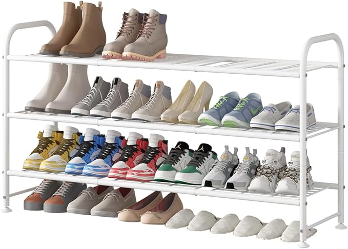 LINZINAR Shoe Rack Long 3 Tier Shoe Storage Organizer Metal Wide Shoe Shelf for Closet Entryway Bedroom 24 Paris Large Capaci