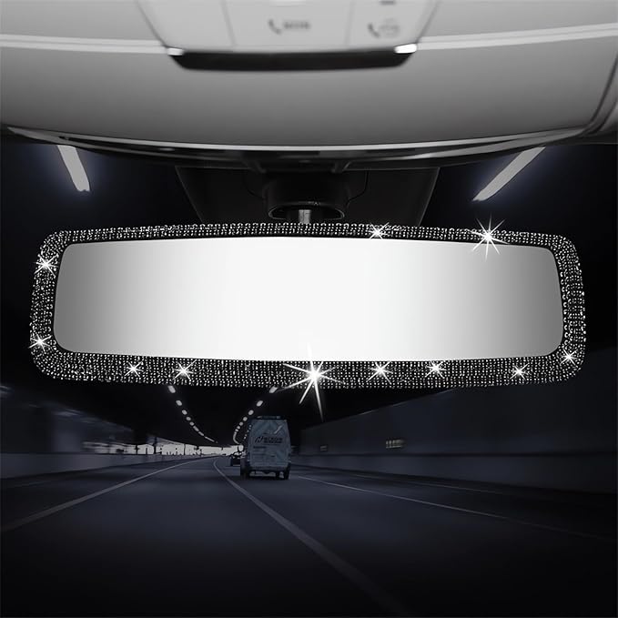 Bling Rhinestone Car Rearview Mirror - Car Accessories Crystal Diamond Decor for Women - Stylish Automotive Interior Accessory (Black)