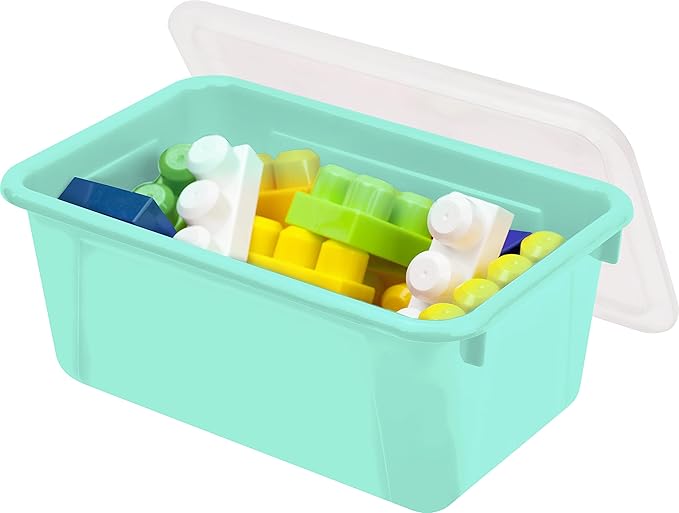 Storex Small Cubby Bins – Plastic Storage Containers for Classroom with Non-Snap Lid, 12.2 x 7.8 x 5.1 inches, Teal, (62412U0