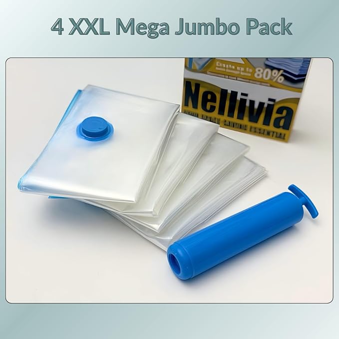 4 Mega Jumbo XXL Vacuum Storage Bags with Pump, Supersized Compression Space Saver for Comforter, duvet, Bedding, Blanket sto