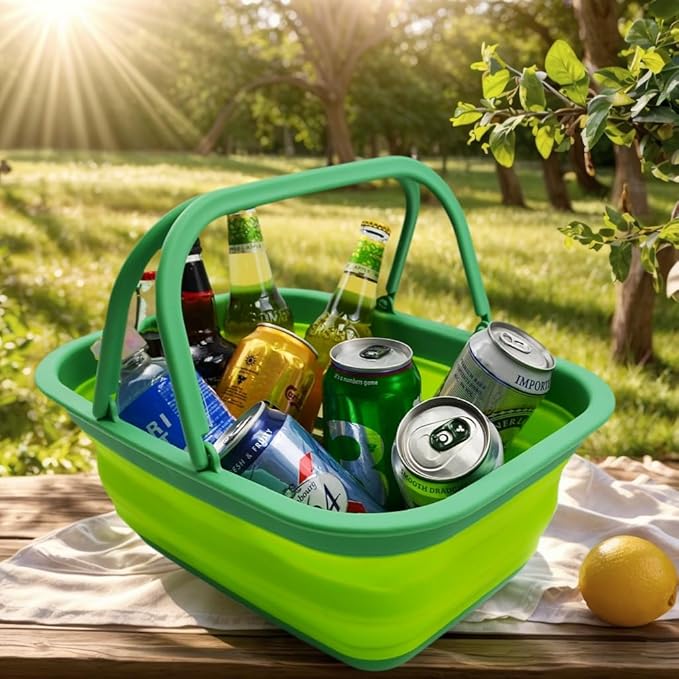SAMMART 9.2L (2.37Gallon) Collapsible Tub with Handle - Portable Outdoor Picnic Basket/Crater - Foldable Shopping Bag - Space Saving Storage Container (1, Dark Green/Fluorescent Green)