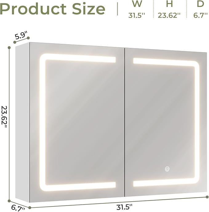DICTAC Medicine Cabinet with Mirrors and Storage 31.5''x23.6'' Wall Mounted Bathroom Mirror Cabinets with Led Lights Double D