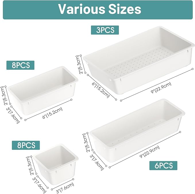 WOWBOX 25 PCS Plastic Drawer Organizer Set, 4 Sizes Desk Drawer Divider Organizers and Storage Bins for Makeup, Jewelry, Gadg