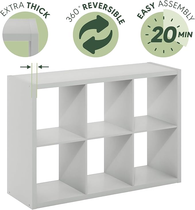 Furinno CUBICLE Book Shelf, 6-Cube Bookshelf, Extra Thick Frame Horizontally & Vertically Reversible Bookcase with Open Back,