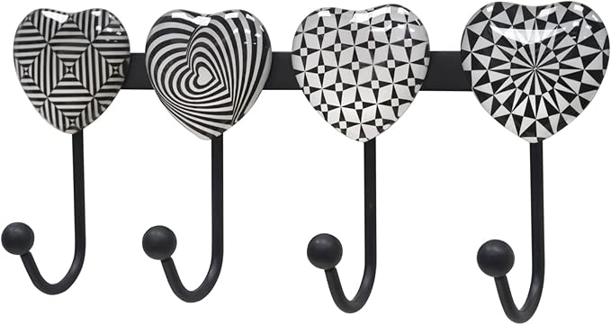 Coat Rack Wall Mounted with 4 Hooks, Heart Geometric Pattern Decorative Wall Hooks for Hanging Hat, Key, Towel, Purse, Bag an