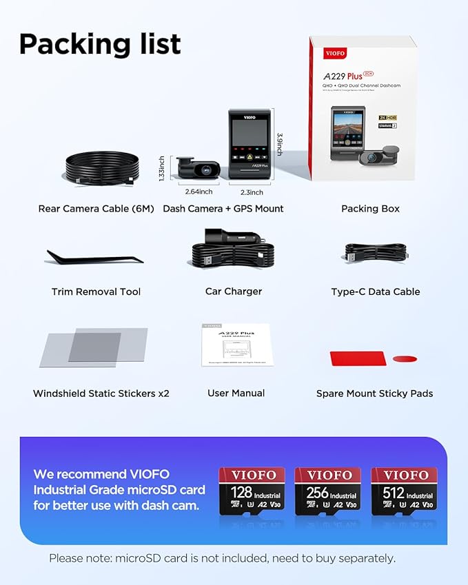 VIOFO A229 Plus Dash Cam Front and Rear, Dual STARVIS 2 Sensors, 2 Channel HDR, 1440P+1440P Voice Control Car Dash Camera, 5G