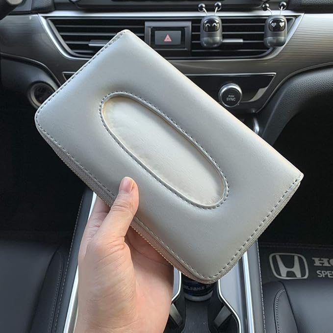 Car Sun Visor Tissue Holder, Napkin Holder, PU Leather Backseat Tissue Case Holder for Car Vehicle with Zipper (Grey)