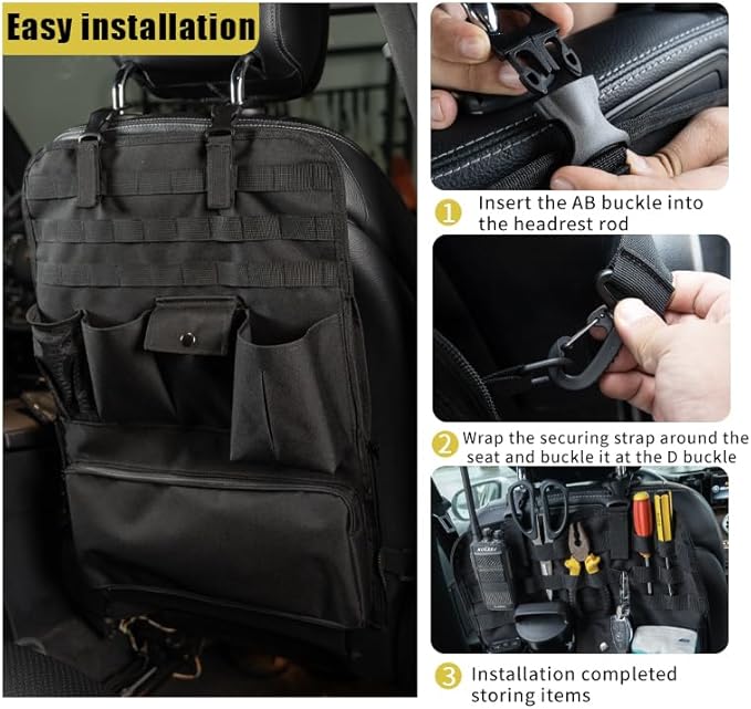 GMQ Car Seat Organizer,Multifunctional Tactical Car Seat Back Storage Pocket with Molle Pouch,Universal Fits for SUV,F150,Car Truck for Road Trips (1, Black)