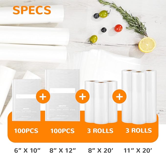 Multi-Size Sealing Solution Vacuum Sealer Bags & Rolls – 100x 6''x10'', 100x 8''x12'', 3 Rolls 11''x20', 3 Rolls 8''x20' – Pr