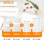 Multi-Size Sealing Solution Vacuum Sealer Bags & Rolls – 100x 6''x10'', 100x 8''x12'', 3 Rolls 11''x20', 3 Rolls 8''x20' – Pr