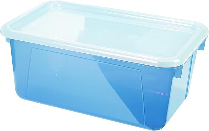 Storex Small Cubby Bins – Plastic Storage Containers for Classroom with Non-Snap Lid, 12.2 x 7.8 x 5.1 inches, Tint Teal, 5-P