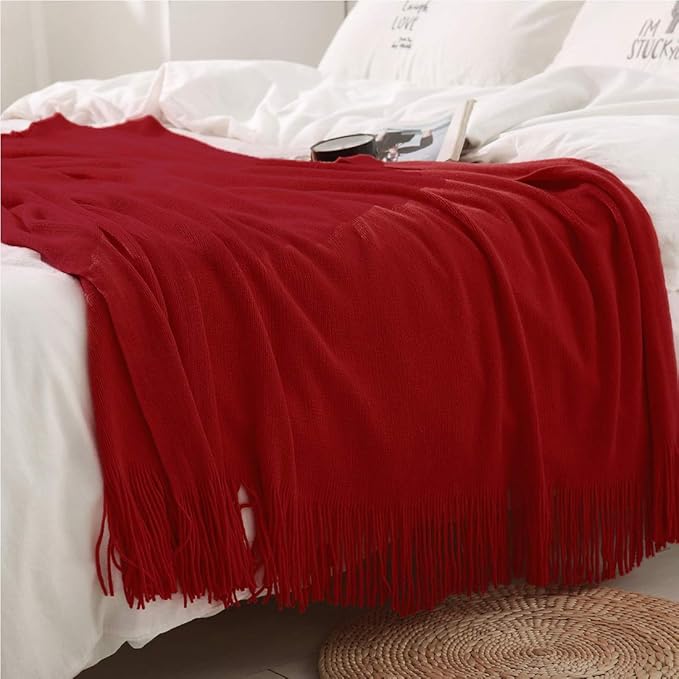 Homiest Decorative Knitted Throw Blanket with Fringe Soft & Cozy Tassel Blanket for Couch Sofa Bed (Red, 50x60)