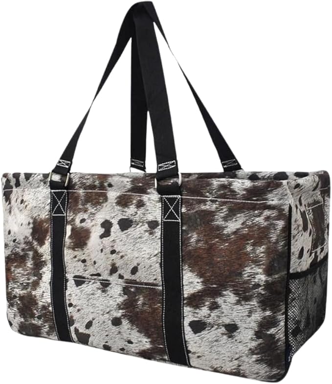 NGIL Extra Large Utility Tote Reusable Grocery Bag Oversized Collapsible for Groceries, Storage, Picnic, Beach (Modern Cow Print-Black)