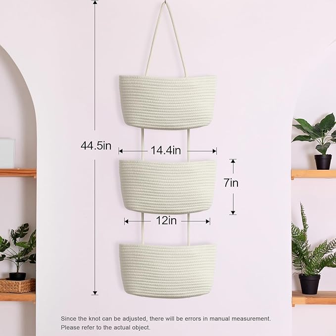 TeoKJ Over the Door Hanging Basket, 3-Tier Woven Cotton Wall-Mounted Storage Organizer Bag Decorative Hanging Nursery Baskets