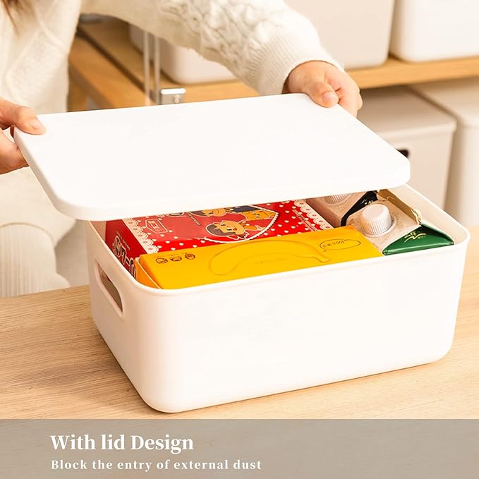 Yishyfier Plastic Storage Baskets Bins Boxes With Lids,Organizing Container White Storage Organizer Bins For Shelves Drawers 