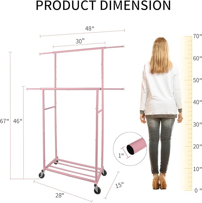 Fishat Portable Pink Double Rods Garment Clothes Rack for Drying with Rolling Clothes Organizer on Lockable Wheels Mobile for