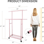 Fishat Portable Pink Double Rods Garment Clothes Rack for Drying with Rolling Clothes Organizer on Lockable Wheels Mobile for
