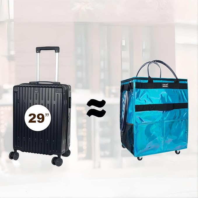 Reusable Grocery Bag with Wheels, Shopping Trolley with 8 Pockets and Zipper Cover Foldable Rolling Tote for Women, Kitchen, Travel, Carries Up to 66LBS (Large, Glitter Blue)