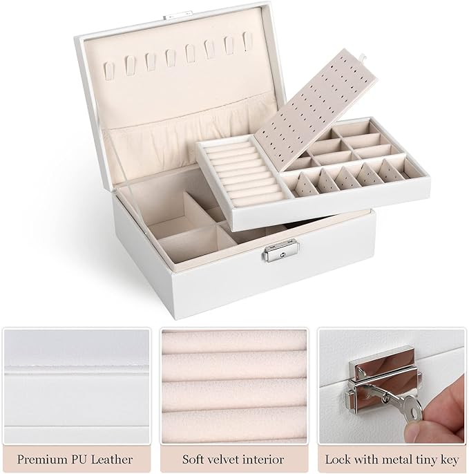 Jewelry Box for Women Girls, 2 Layers Jewelry Organizer Container with Lock, PU Leather Storage Case with Removable Tray, Jew