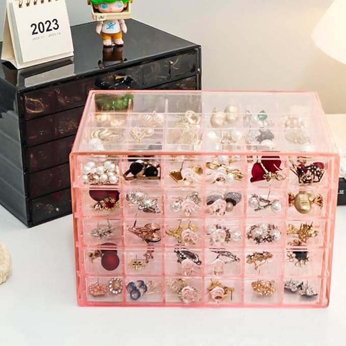 YUFONG Earring Storage Box Organizer, Acrylic Jewelry Storage Box Holder 5 Drawers Transparent Jewelry Display Stand with 120