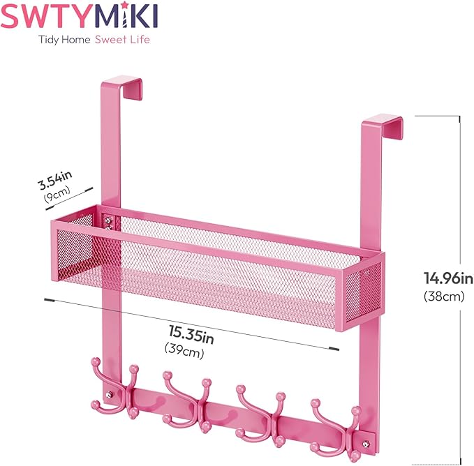 SWTYMIKI Over The Door Hook with 16 Hooks & Mesh Baskets - Heavy Duty Over The Door Organizer Hanger for Towels, Coats, Cloth