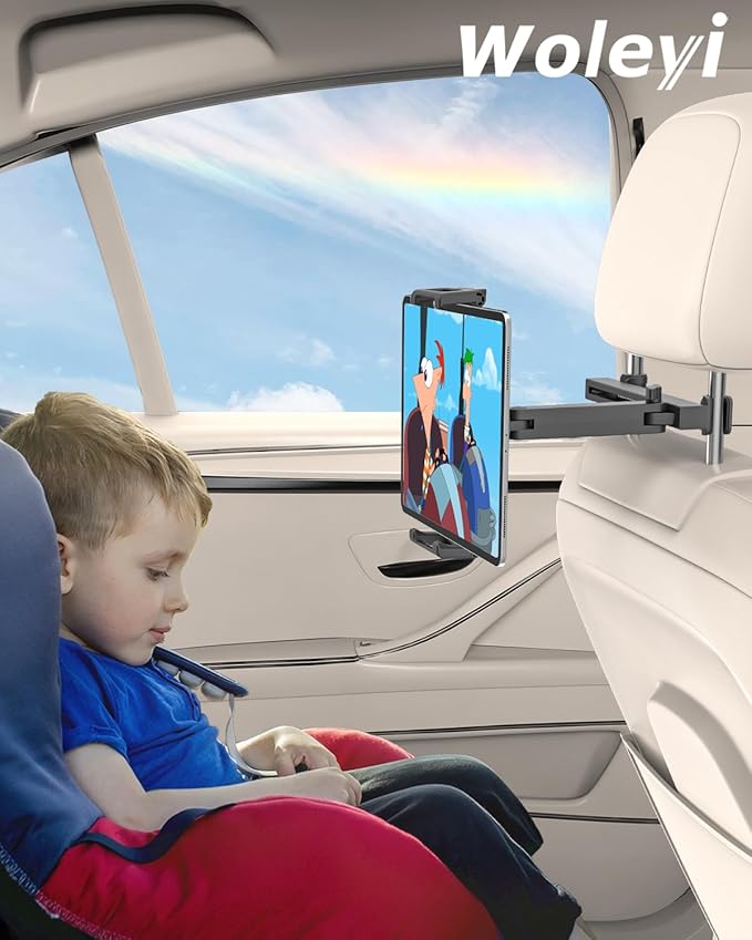 woleyi Car Headrest Tablet Holder, [Large Clamp] [Thick Case Friendly] Tablet Mount for Car Back Seat, Road Trip Essentials for Kids Accessories, for iPad Pro Air Mini, Galaxy, Fire HD, 6-15.6" Device