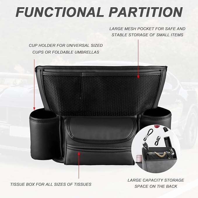 Car Handbag Holder Between Seats, Large Capacity Leather Organizer Auto Purse Holder with Tissue Box, Double-Sided Central Storage Bag Front Seat Barrier for Most Vehicles (Black)