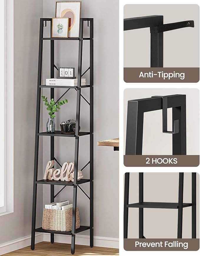 Hzuaneri Ladder Shelf, Bookshelf Bookcase, Freestanding Corner Storage Shelve with 2 Hooks for Home Office, Living Room, Kitc