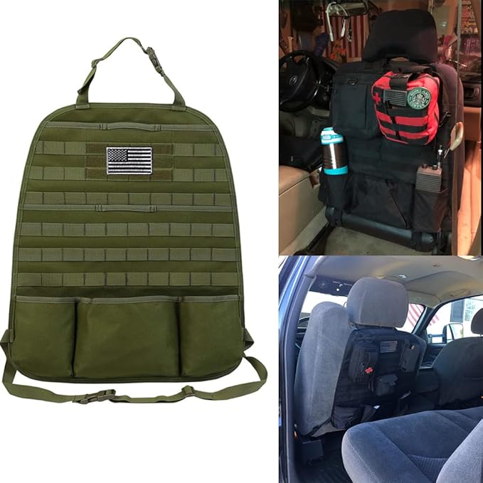 Car Seat Back Organizer - Upgraded Tactical Molle Vehicle Panel Universal Fit SUV Car Seat Cover Protector with Extra USA Flag Patch (Army Green)