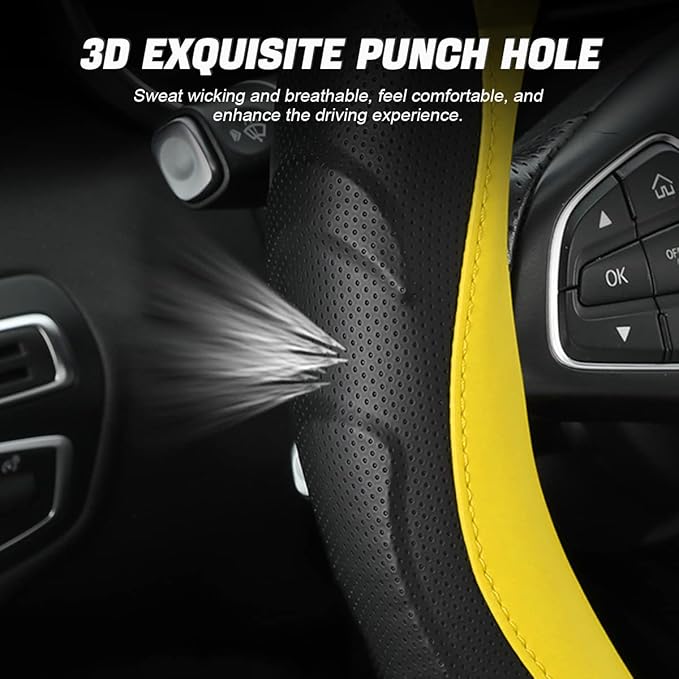Leather Steering Wheel Cover, Auto Car Stretch Steering Wheel Protector, Universal 15 Inch Anti-Slip Breathable Odorless Stee